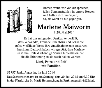 Anzeige von Marlene Maiworm von Kölner Stadt-Anzeiger / Kölnische Rundschau / Express