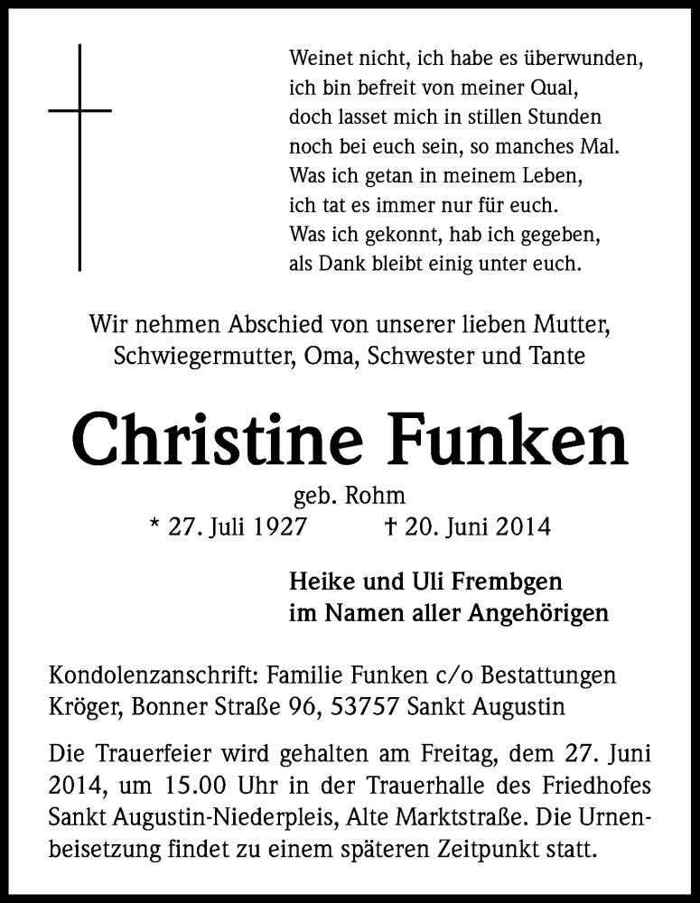  Traueranzeige für Christine Funken vom 25.06.2014 aus Kölner Stadt-Anzeiger / Kölnische Rundschau / Express