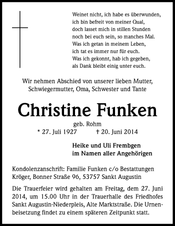 Anzeige von Christine Funken von Kölner Stadt-Anzeiger / Kölnische Rundschau / Express