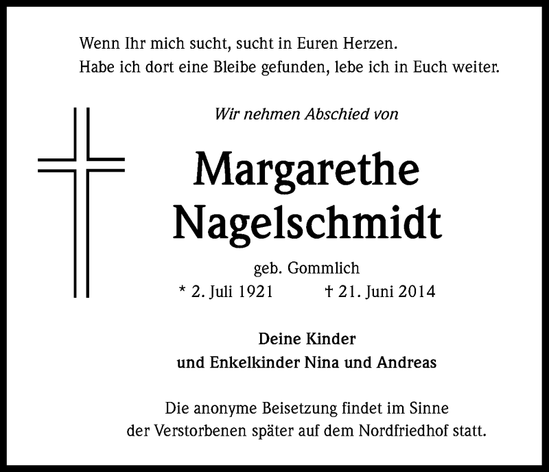  Traueranzeige für Margarethe Nagelschmidt vom 28.06.2014 aus Kölner Stadt-Anzeiger / Kölnische Rundschau / Express