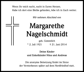 Anzeige von Margarethe Nagelschmidt von Kölner Stadt-Anzeiger / Kölnische Rundschau / Express