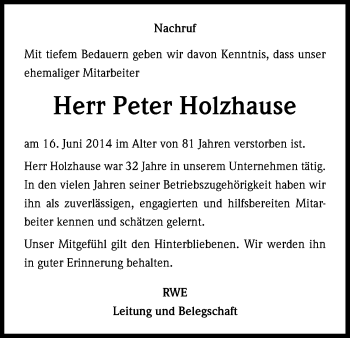 Anzeige von Peter Holzhause von Kölner Stadt-Anzeiger / Kölnische Rundschau / Express