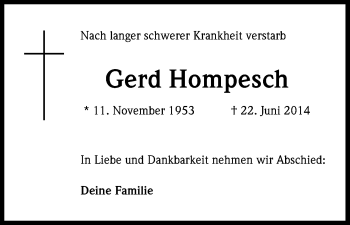 Anzeige von Gerd Hompesch von Kölner Stadt-Anzeiger / Kölnische Rundschau / Express