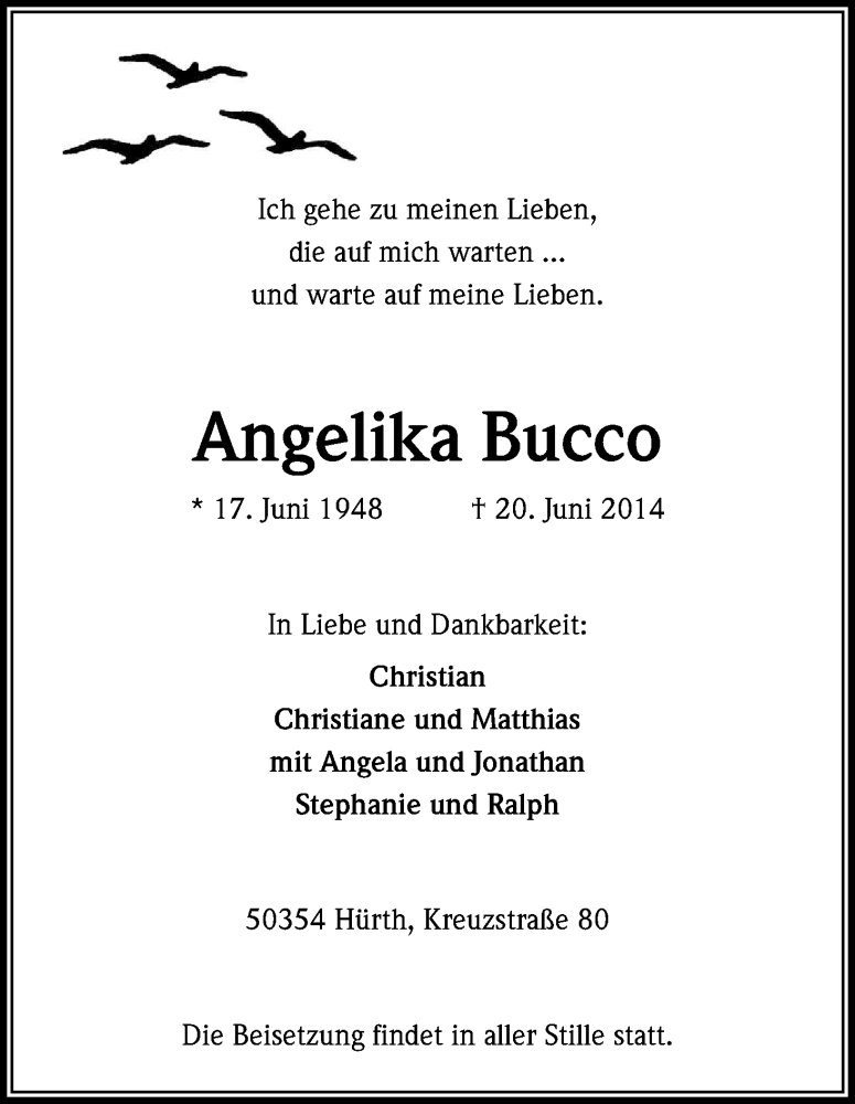  Traueranzeige für Angelika Bucco vom 28.06.2014 aus Kölner Stadt-Anzeiger / Kölnische Rundschau / Express