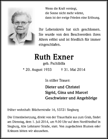 Anzeige von Ruth Exner von Kölner Stadt-Anzeiger / Kölnische Rundschau / Express