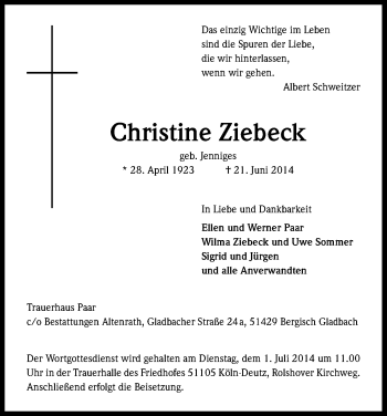 Anzeige von Christine Ziebeck von Kölner Stadt-Anzeiger / Kölnische Rundschau / Express