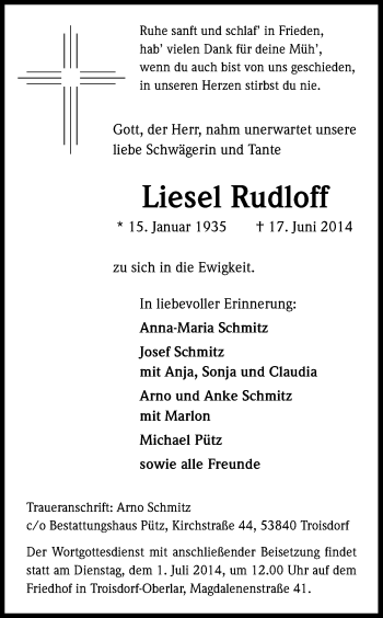 Anzeige von Liesel Rudloff von Kölner Stadt-Anzeiger / Kölnische Rundschau / Express