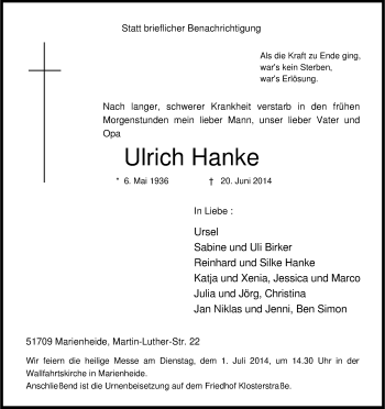 Anzeige von Ulrich Hanke von Kölner Stadt-Anzeiger / Kölnische Rundschau / Express