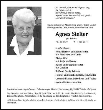 Anzeige von Agnes Stelter von Kölner Stadt-Anzeiger / Kölnische Rundschau / Express