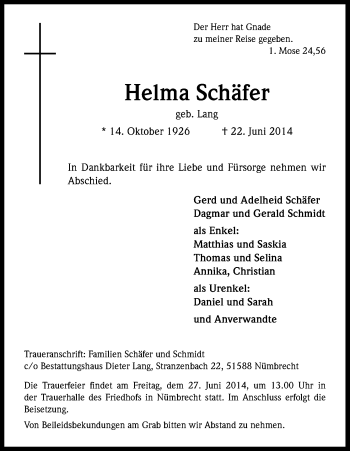Anzeige von Helma Schäfer von Kölner Stadt-Anzeiger / Kölnische Rundschau / Express