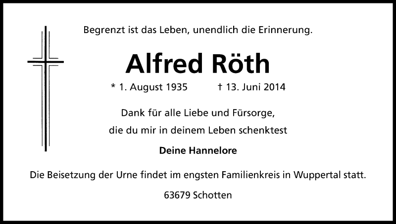  Traueranzeige für Alfred Röth vom 28.06.2014 aus Kölner Stadt-Anzeiger / Kölnische Rundschau / Express