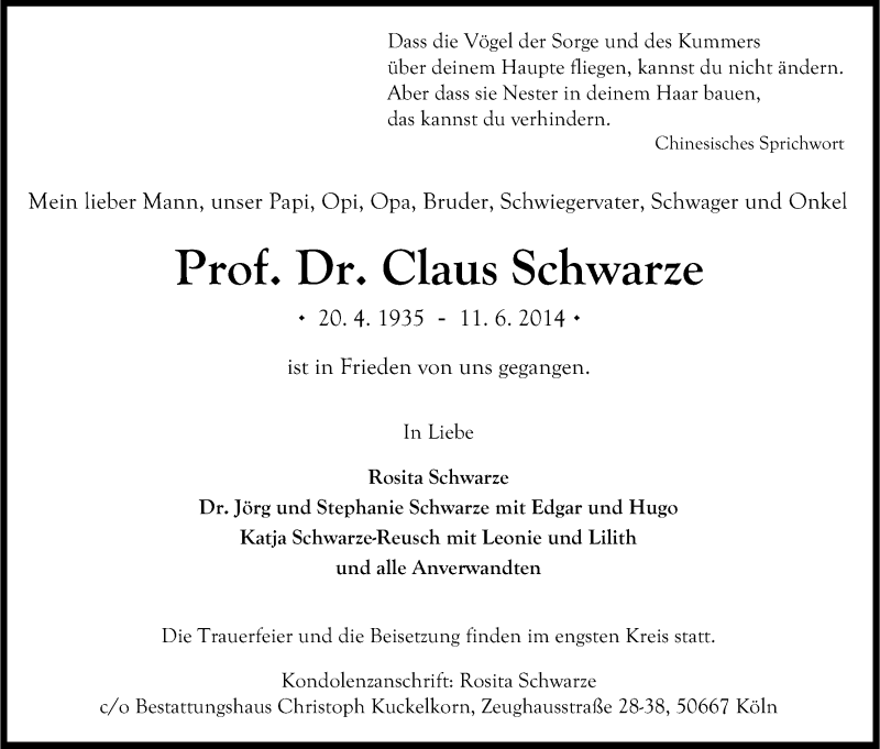  Traueranzeige für Claus Schwarze vom 28.06.2014 aus Kölner Stadt-Anzeiger / Kölnische Rundschau / Express