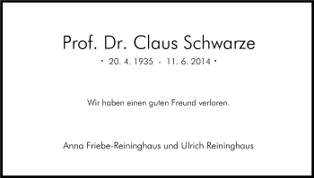 Anzeige von Claus Schwarze von Kölner Stadt-Anzeiger / Kölnische Rundschau / Express