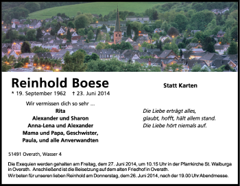 Anzeige von Reinhold Boese von Kölner Stadt-Anzeiger / Kölnische Rundschau / Express