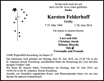 Anzeige von Karsten Felderhoff von Kölner Stadt-Anzeiger / Kölnische Rundschau / Express