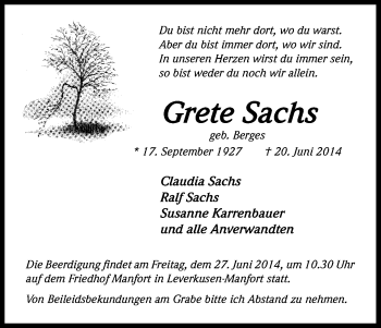 Anzeige von Grete Sachs von Kölner Stadt-Anzeiger / Kölnische Rundschau / Express