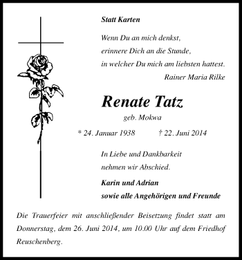 Anzeige von Renate Tatz von Kölner Stadt-Anzeiger / Kölnische Rundschau / Express