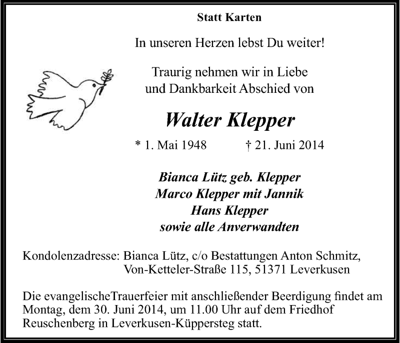  Traueranzeige für Walter Klepper vom 25.06.2014 aus Kölner Stadt-Anzeiger / Kölnische Rundschau / Express