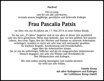 Anzeige von Pascalia Patsis von Kölner Stadt-Anzeiger / Kölnische Rundschau / Express