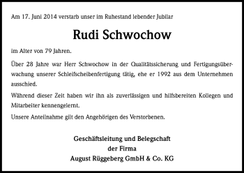 Anzeige von Rudi Schwochow von Kölner Stadt-Anzeiger / Kölnische Rundschau / Express