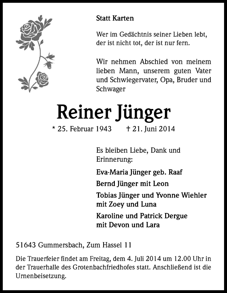  Traueranzeige für Reiner Jünger vom 28.06.2014 aus Kölner Stadt-Anzeiger / Kölnische Rundschau / Express