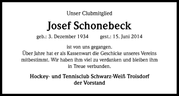 Anzeige von Josef Schonebeck von Kölner Stadt-Anzeiger / Kölnische Rundschau / Express