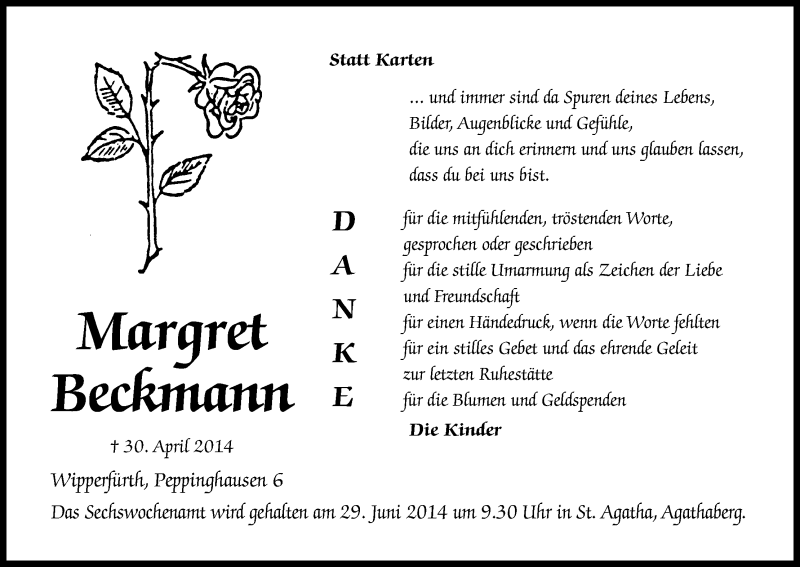  Traueranzeige für Margret Beckmann vom 28.06.2014 aus Kölner Stadt-Anzeiger / Kölnische Rundschau / Express