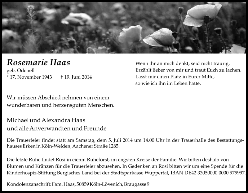  Traueranzeige für Rosemarie Haas vom 28.06.2014 aus Kölner Stadt-Anzeiger / Kölnische Rundschau / Express