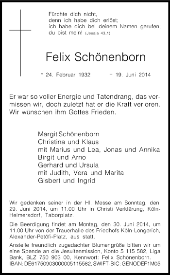 Anzeige von Felix Schönenborn von Kölner Stadt-Anzeiger / Kölnische Rundschau / Express