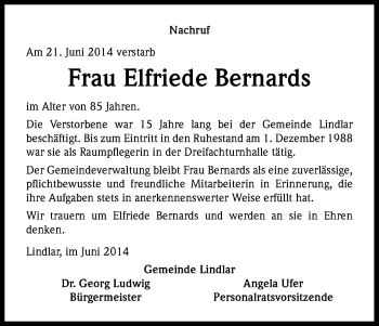 Anzeige von Elfriede Bernards von Kölner Stadt-Anzeiger / Kölnische Rundschau / Express
