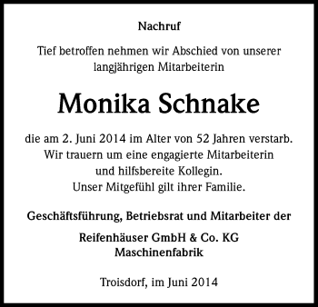 Anzeige von Monika Schnake von Kölner Stadt-Anzeiger / Kölnische Rundschau / Express