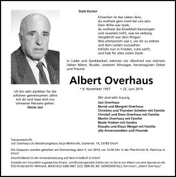 Anzeige von Albert Overhaus von Kölner Stadt-Anzeiger / Kölnische Rundschau / Express