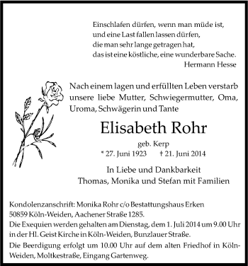 Anzeige von Elisabeth Rohr von Kölner Stadt-Anzeiger / Kölnische Rundschau / Express