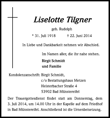 Anzeige von Liselotte Tilgner von Kölner Stadt-Anzeiger / Kölnische Rundschau / Express