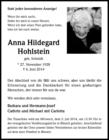 Anzeige von Anna Hildegard Hohlstein von Kölner Stadt-Anzeiger / Kölnische Rundschau / Express