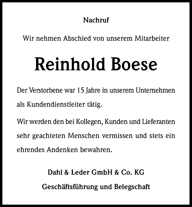  Traueranzeige für Reinhold Boese vom 25.06.2014 aus Kölner Stadt-Anzeiger / Kölnische Rundschau / Express