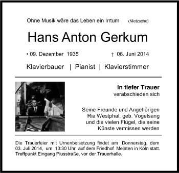 Anzeige von Hans Anton Gerkum von Kölner Stadt-Anzeiger / Kölnische Rundschau / Express