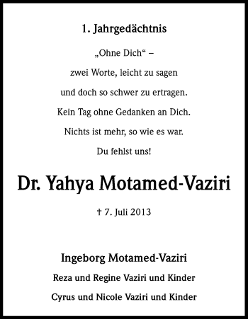 Anzeige von Yahya Motamed-Vaziri von Kölner Stadt-Anzeiger / Kölnische Rundschau / Express