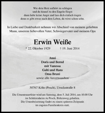 Anzeige von Erwin Weiße von Kölner Stadt-Anzeiger / Kölnische Rundschau / Express