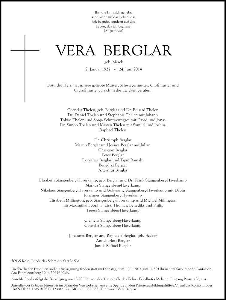  Traueranzeige für Vera Berglar vom 28.06.2014 aus Kölner Stadt-Anzeiger / Kölnische Rundschau / Express