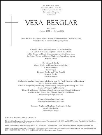 Anzeige von Vera Berglar von Kölner Stadt-Anzeiger / Kölnische Rundschau / Express