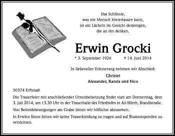 Anzeige von Erwin Grocki von Kölner Stadt-Anzeiger / Kölnische Rundschau / Express