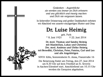 Anzeige von Luise Heimig von Kölner Stadt-Anzeiger / Kölnische Rundschau / Express