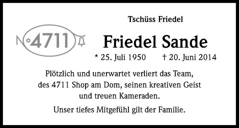  Traueranzeige für Friedel Sande vom 28.06.2014 aus Kölner Stadt-Anzeiger / Kölnische Rundschau / Express