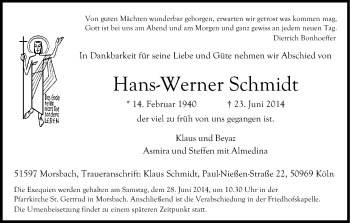 Anzeige von Hans-Werner Schmidt von Kölner Stadt-Anzeiger / Kölnische Rundschau / Express