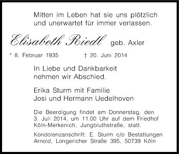 Anzeige von Elisabeth Riedl von Kölner Stadt-Anzeiger / Kölnische Rundschau / Express