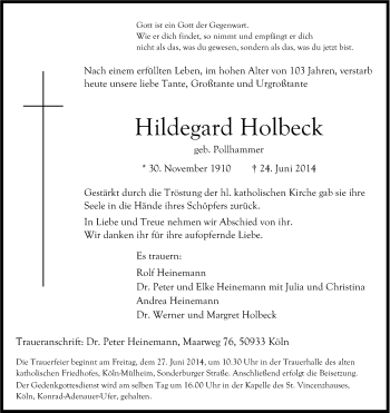 Anzeige von Hildegard Holbeck von Kölner Stadt-Anzeiger / Kölnische Rundschau / Express