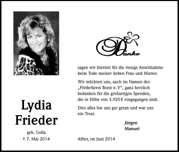 Anzeige von Lydia Frieder von Kölner Stadt-Anzeiger / Kölnische Rundschau / Express