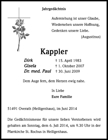Anzeige von Dirk, Gisela und Paul Kappler von Kölner Stadt-Anzeiger / Kölnische Rundschau / Express