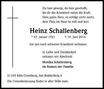 Anzeige von Heinz Schallenberg von Kölner Stadt-Anzeiger / Kölnische Rundschau / Express